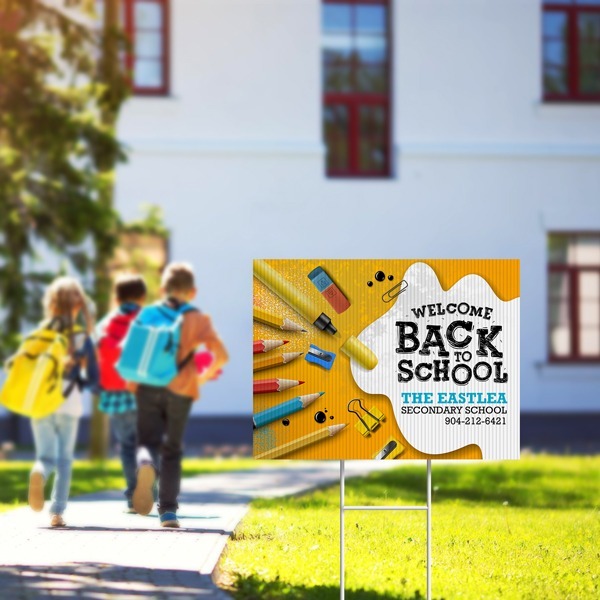 Custom printed school yard sign with vibrant design for outdoor use.