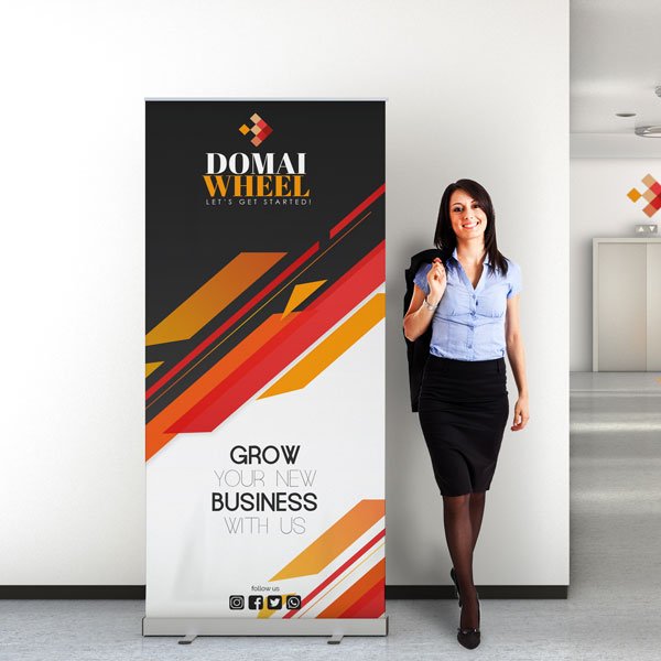 Custom Retractable Banner Marketing by Huskerprint – Omaha’s Top Printing Service Retractable banner with business owner, printed for Omaha company.